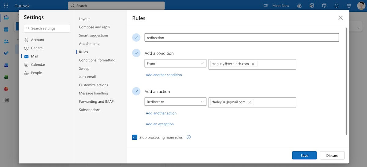 Redirect in Hotmail